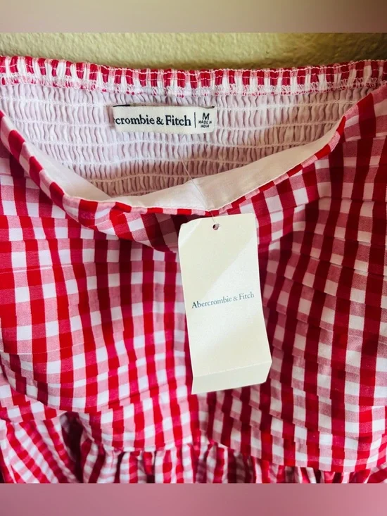 NWT Abercrombie & Fitch Emerson Red & White Checkered Puff Sleeve Long Dress: M - Picture 4 of 4